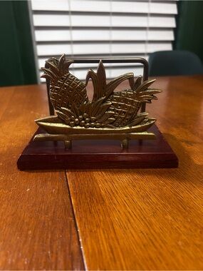 Vintage Brass Pineapple Napkin Holder on Wood Base